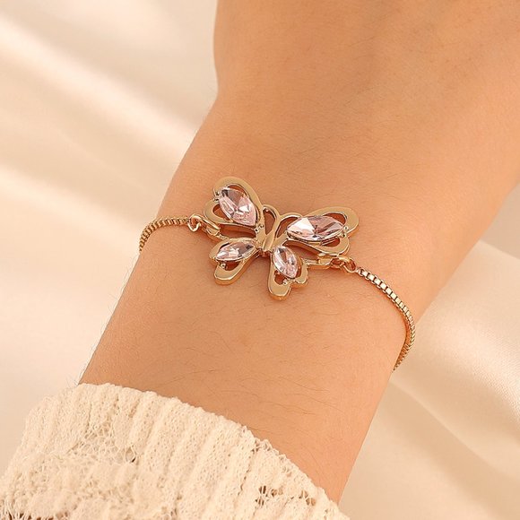 3/$35 Pink Butterfly Pendant Charm Copper Gold Chain Bracelet Crystal Jewelry - Picture 1 of 5